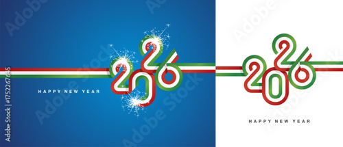 New Year 2026 flag ribbon typography lettering. Abstract green white red flag of Italy in the shape of 2026 logo with sparkle firework isolated on white and blue background