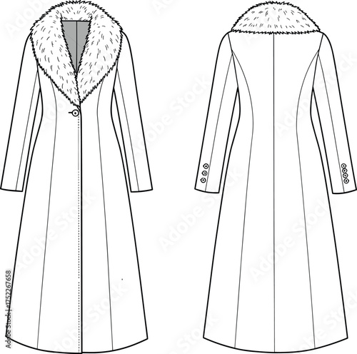 Women coat illustration, technical fashion flat, long flared design, fur collar, princess seams, button closure, tailored silhouette, winter outerwear