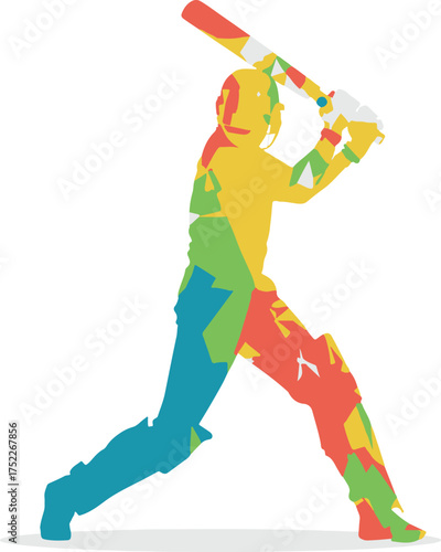 Colorful Abstract Silhouette of a Cricket Player Batting with a Bat and Ball batsman sport