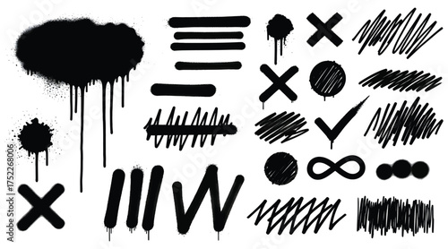 Vector art of a collection of black spray paint elements on a, including splatters, lines, crosses, and scribbles, perfect for adding a grungy, urban touch to designs