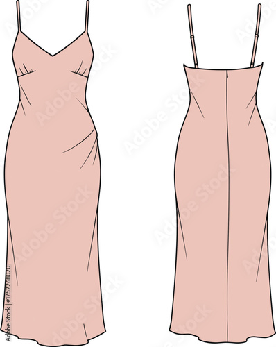 Women dress illustration, technical fashion flat, spaghetti strap design, V neckline, draped waist detail, fitted silhouette, midi length, elegant apparel