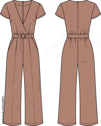 Women jumpsuit illustration, technical fashion flat, short sleeve design, deep V neckline, belted waist, wide leg pants, pleated front, back zipper