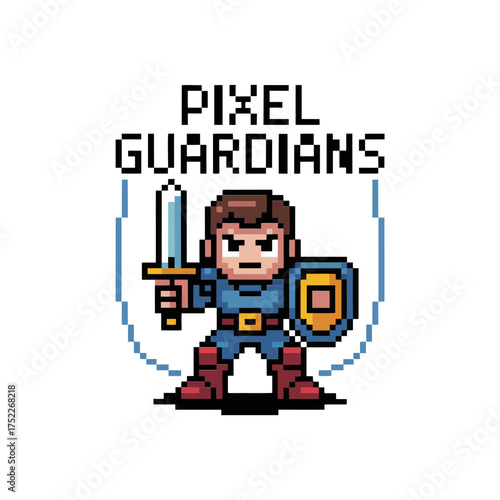 pixel guardians hero badge, small warrior with sword and shield, retro arcade mascot, gaming character, vector icon