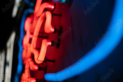 Glowing Neon Tubes, Illuminated Street Board Elements Close Up