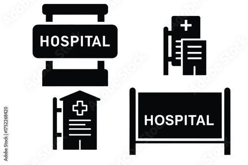 Hospital sign silhouette vector icon set