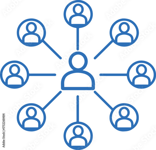 Network diagram showing a central person connected to multiple individuals in a circular arrangement on a white background