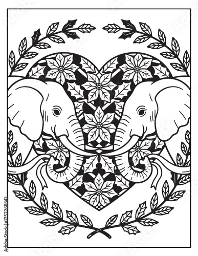 Intricate heart mandala design featuring two elephants facing each other symbolizing love