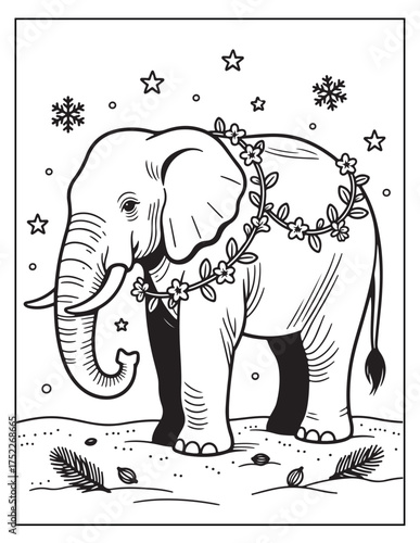 Whimsical hand drawn elephant decorated with flowers and snowflakes for coloring pages