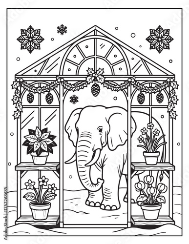 Charming elephant inside a festive greenhouse decorated for winter holidays