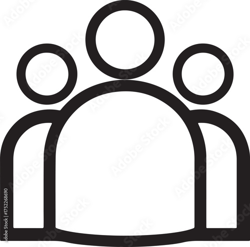 Outline Icon of Three People with a Large Central Figure and Two Smaller Figures on the Sides on a White Background