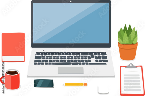 Flat illustration of office desk with laptop, coffee, and files isolated on white background, Modern workspace with laptop, coffee, and documents vector, Office desk flat design illustration 