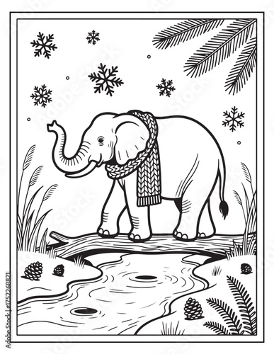 Charming elephant wearing a scarf walking across a log in a snowy winter landscape coloring page