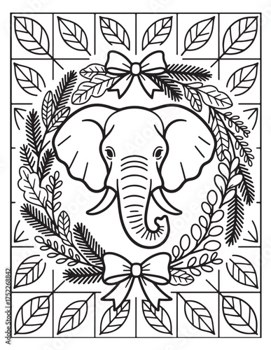 Charming elephant head centered in a festive floral wreath with bows for coloring