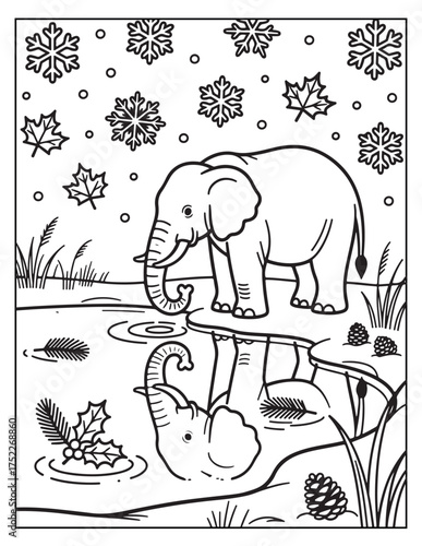 Whimsical line drawing elephant drinking water with snowflakes falling above