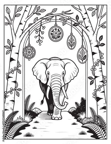 Elephant walks through enchanting archway decorated with boho ornaments