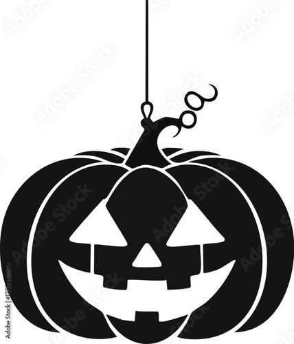 Hanging pumpkin lantern silhouette with spooky carved face for Halloween night decoration, black minimal vector design for festive party illustration