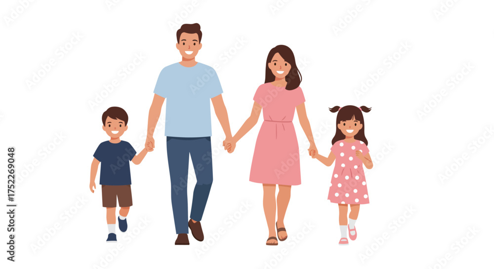 Fototapeta premium A family of four, including a mother, father, son, and daughter, walking together hand-in-hand with smiles on their faces.