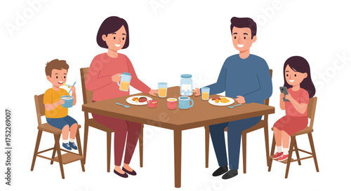 Family Enjoying a Meal Together Illustration of Parents and Children Dining at Home