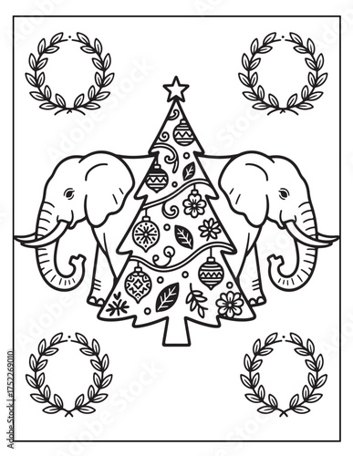 Two elephants stand guard over a festive decorated Christmas tree in a whimsical line art design