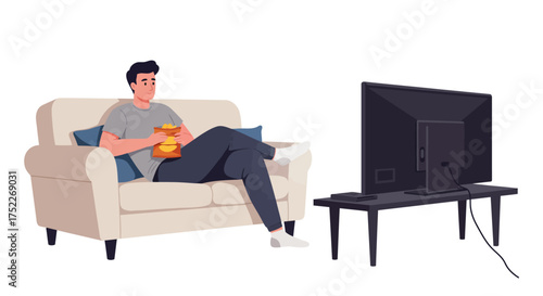 Man on Sofa Watching TV and Eating Snacks at Home Relaxation and Leisure Concept