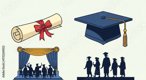 Graduation concept with diploma, mortarboard, stage, and silhouette of graduates education and ceremony
