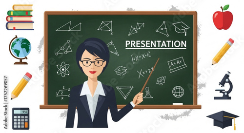 Female teacher with pointer explaining presentation on blackboard surrounded by school supplies