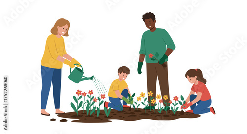 Family Gardening Together Planting and Caring for Flowers in the Garden