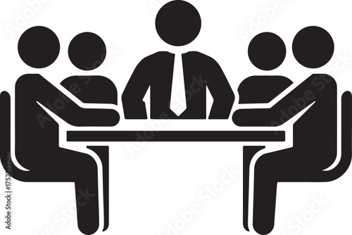 Solid black icon of five people sitting around a table with one person wearing a tie on a white background