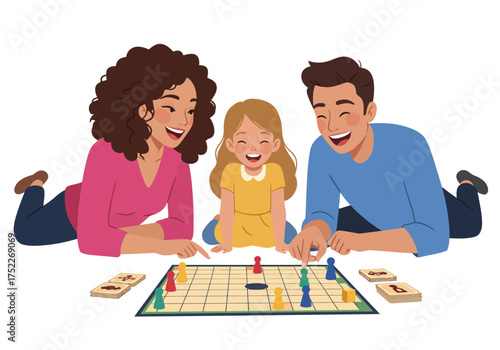 A happy family, including a mother, father, and daughter, are playing a board game together on the floor, smiling.