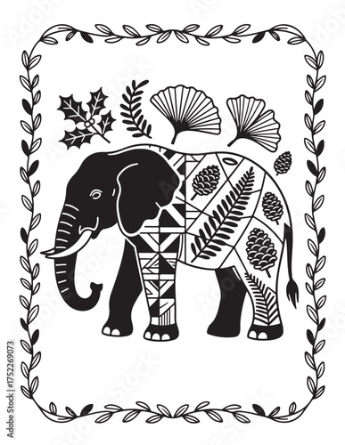 Artistic black and white elephant with floral pattern and leafy border