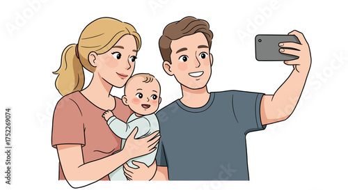 Family Selfie Moment Capturing Joyful Memories with Parents and a Baby on a Smartphone