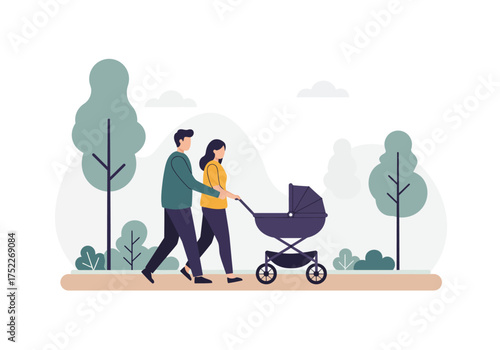 Couple strolling with a baby stroller in a park, enjoying quality time together in nature