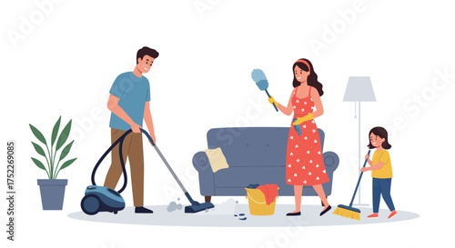 A family cleans their living room, vacuuming, dusting, and sweeping.