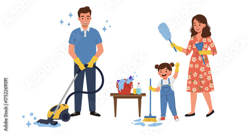 Family Cleaning Together A Cheerful Scene of Parents and Child Doing Chores