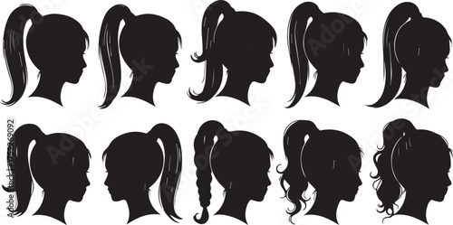 Explore diverse girl hairstyles with ponytail variations in sleek silhouette designs for modern graphic projects or educational resources