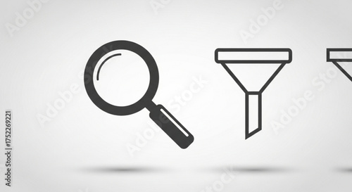 Magnifying glass and filter icon, symbol for search, filtering, and data analysis, vector illustration