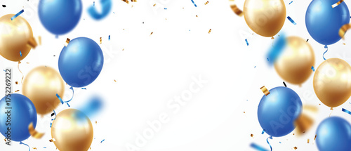 Elegant blue and gold balloons, and party confetti ribbons