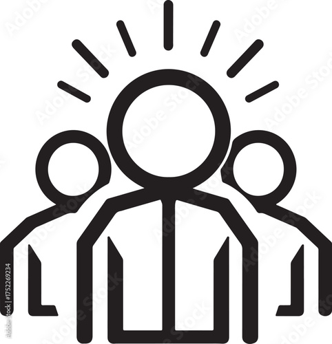 Stylized Line Art Icon of Three People with a Central Figure Radiating Light group team