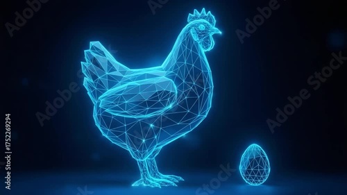 Wallpaper Mural Futuristic neon wireframe chicken and egg animation with glowing particles on dark background Torontodigital.ca