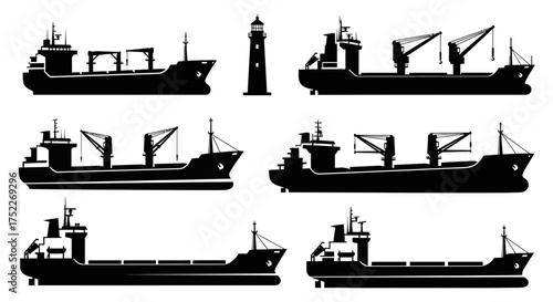 Collection of cargo ships and lighthouse silhouettes in black for maritime concepts
