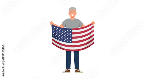 A smiling elderly man holds the American flag in front of him, celebrating patriotism.
