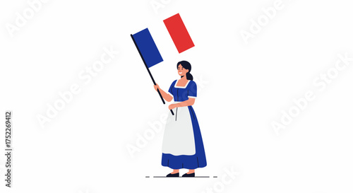 Woman in traditional dress holding a French flag, celebrating France.