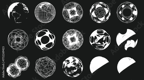 Vector art of collection of abstract spheres in black and white, featuring various geometric and organic patterns, creating a visually diverse and artistic composition