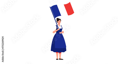 A woman in traditional attire proudly waves the French flag, celebrating.