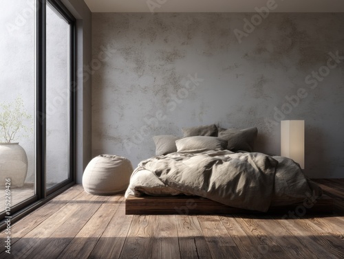 A bedroom with a bed, a lamp, and a vase