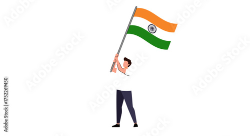 Man holding the Indian flag high, celebrating national pride and patriotism on white background.