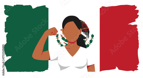 Woman flexing arm against the backdrop of a Mexican flag, symbolizing strength and national pride.