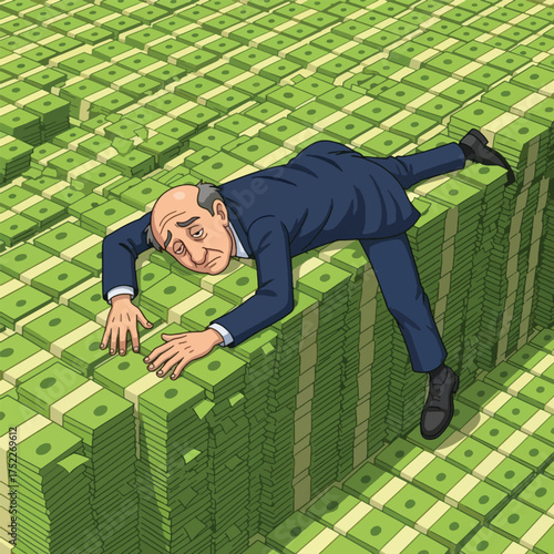 Cartoon of a man lying on a pile of money, looking stressed and tired