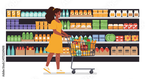 Woman smiling and pushing a shopping cart filled with groceries in a supermarket aisle with stocked shelves.