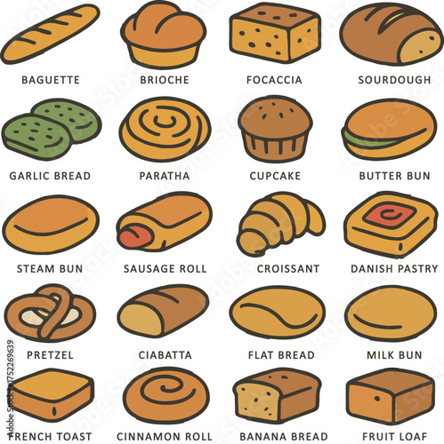 Vintage Retro Diner Bread & Baked Goods Icons – Pastel Flat Vector Collection
